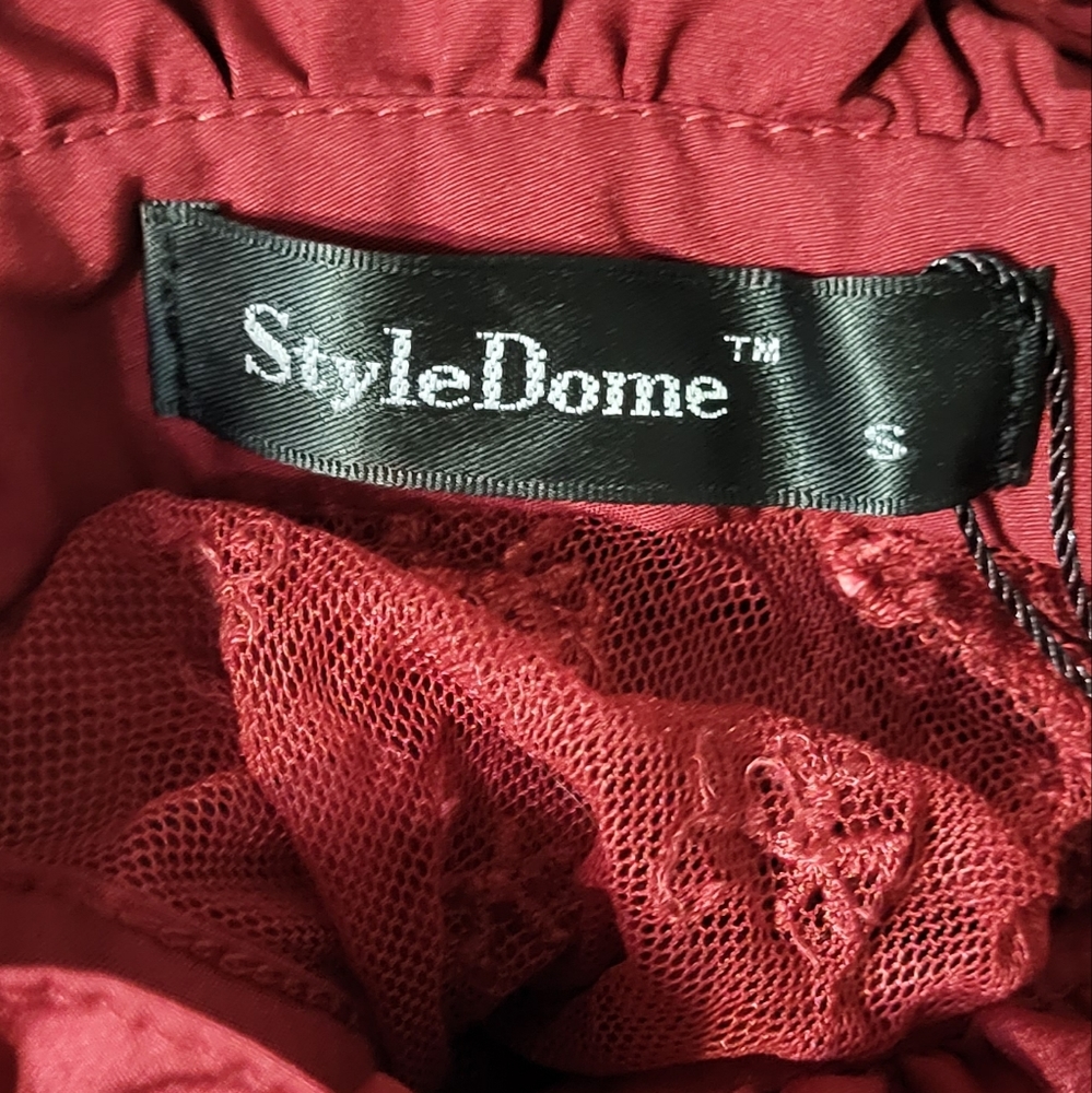 StyleDome Women's NWT Red Lacc High Neck Long Sleeve Ruffle Blouse Size Small 🐈 - Picture 2 of 11